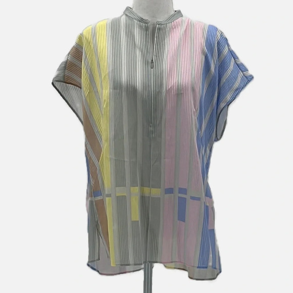 Akris Half Zip Multicolor Pastel Stripe Sheer Cotton Blouse - Size 10 (US) - Picture 3 of 9